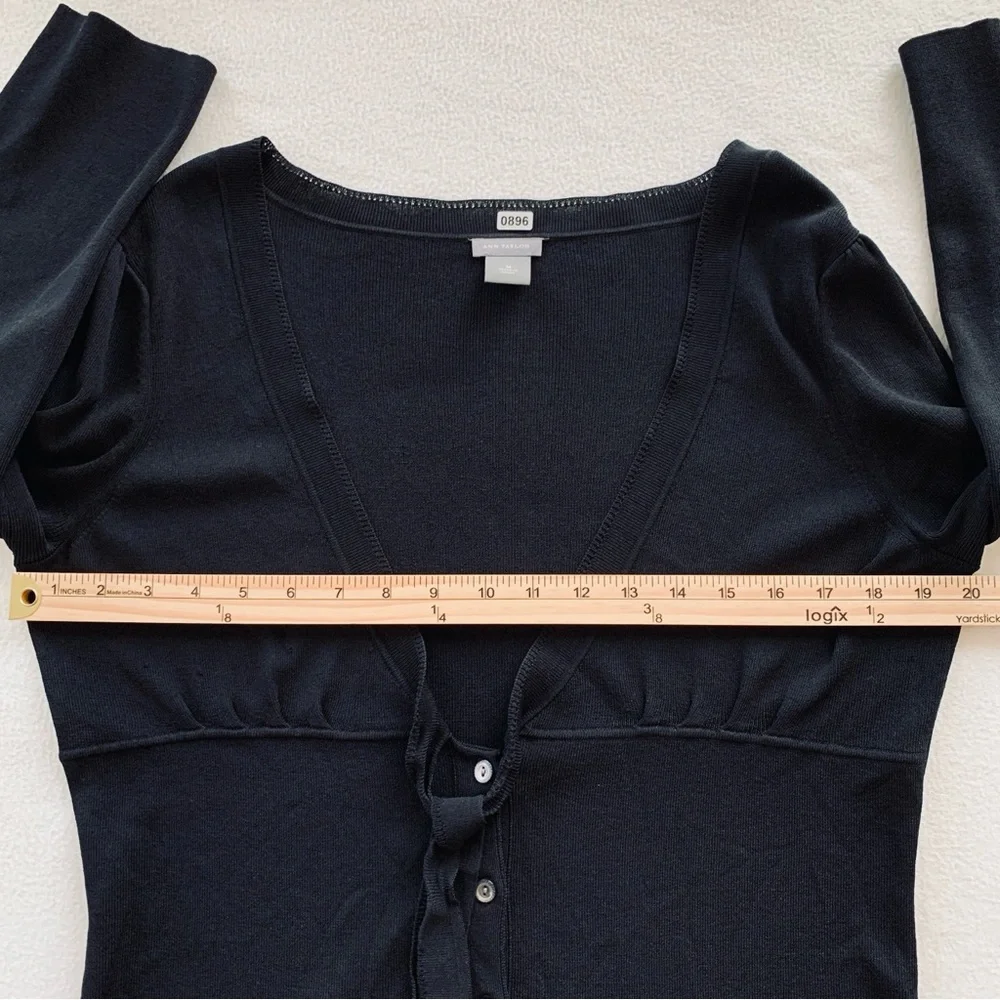 Ann Taylor Womens 3/4 Sleeve V Neck Button Bow Tie Sweater Cardigan Black Size M